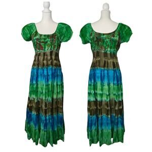 Woodland Forest Fairy Double Decker Tiered Smocked Maxi Dress One Size Whimy